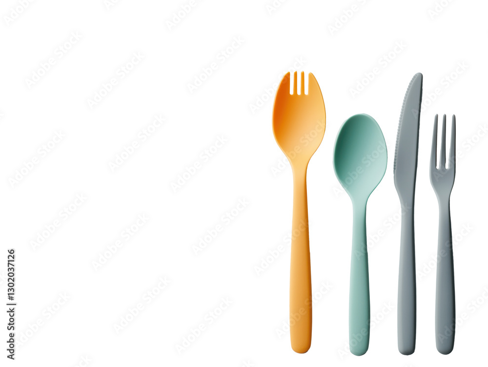 A baby spoon feeder, silverware, and a toothbrush elegantly arranged on a pristine white background for a fresh and clean presentation. A baby spoon feeder, silverware, and a toothbrush elegantly arranged on a pristine white background for a fresh and clean presentation.