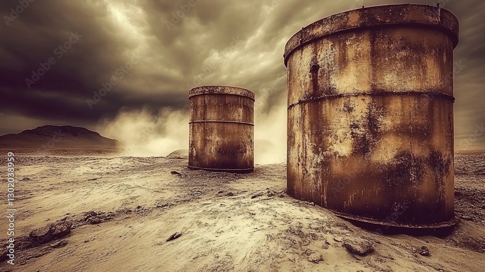 Fototapeta premium Rusty barrels, desert storm, apocalyptic landscape, environmental disaster