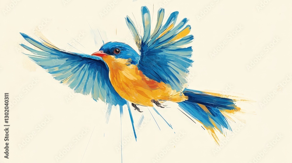 Obraz premium A vivid watercolor captures a radiant blue and yellow bird soaring majestically. Its expansive wings blend shades of blue, orange, and yellow against a dynamic backdrop