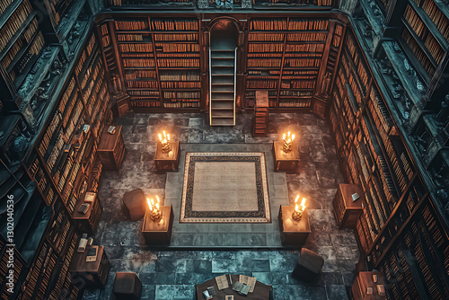 Overhead View of a Mysterious Game Battle Map:  Ancient Library with a Central Map, Lit by Candles