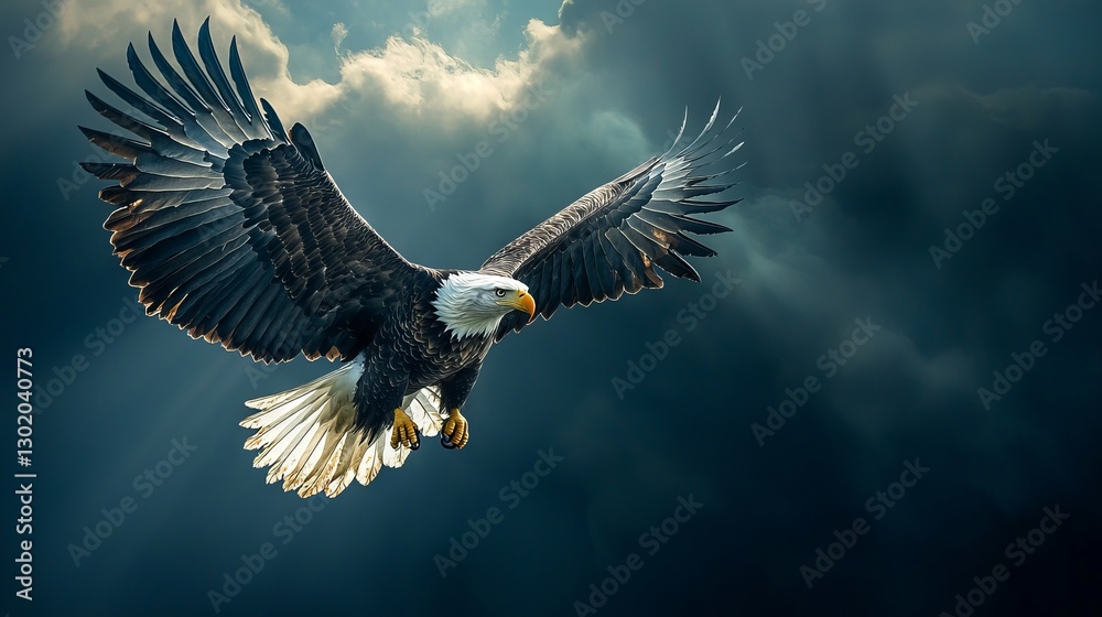 Obraz premium Majestic Eagle in Flight Against Dramatic Sky