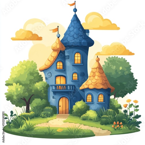 Enchanted Blue Castle in a Lush Green Landscape