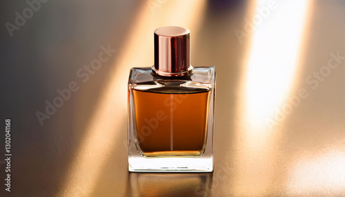 Elegant Blank Perfume Bottle Mockup with Brown Liquid in a Warm Temperature. Perfume with Metallic Background and Natural Daylight.