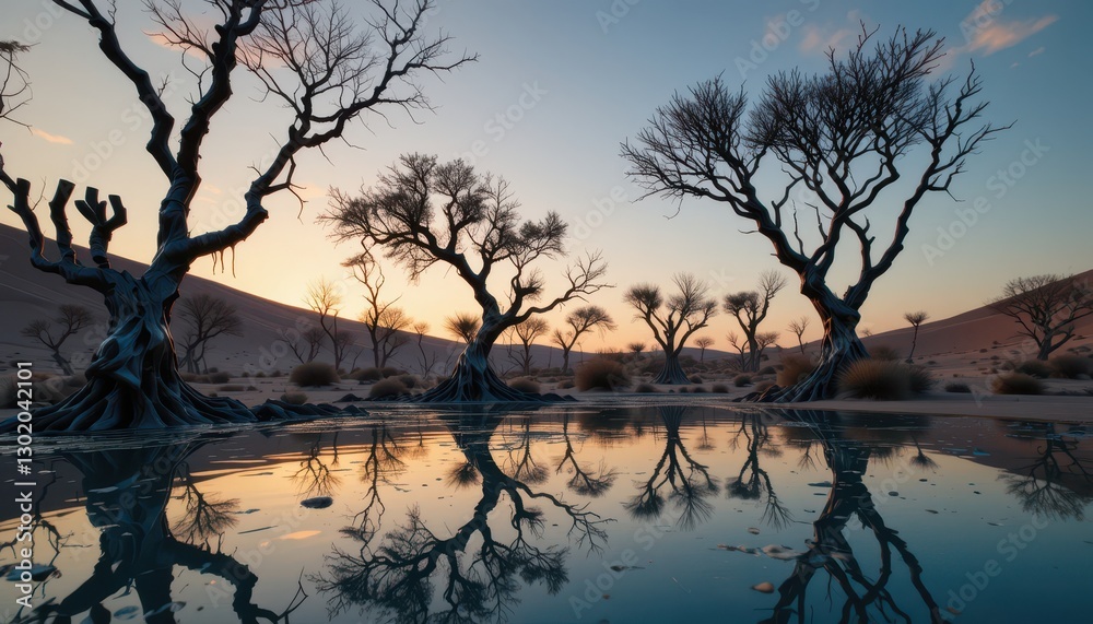 Serene Sunset Reflection in Desert Oasis Tranquil Landscape with Silhouetted Trees and Calm Water Serene Sunset Reflection in Desert Oasis Tranquil Landscape with Silhouetted Trees and Calm Water