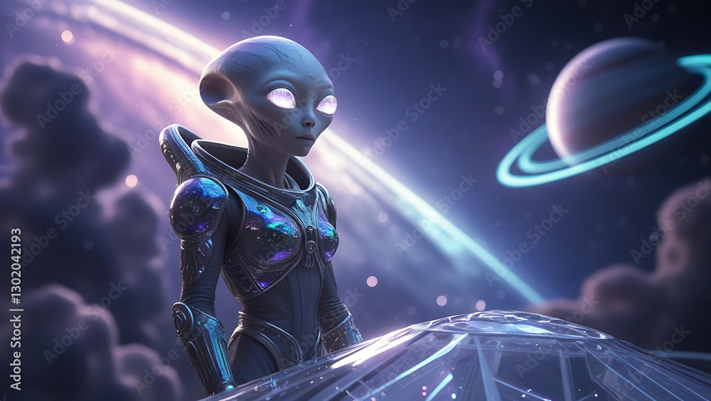 A mesmerizing, hyper-realistic visual representation of an astronaut alien in the space, intriguing, mystery, dark theme, majestic, galaxy, planets, created by generative ai A mesmerizing, hyper-realistic visual representation of an astronaut alien in the space, intriguing, mystery, dark theme, majestic, galaxy, planets, created by generative ai
