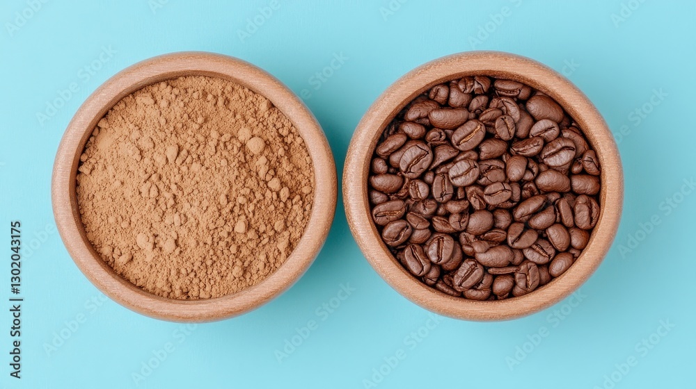 Ground Coffee and Coffee Beans in Bowls on Blue Background Ground Coffee and Coffee Beans in Bowls on Blue Background