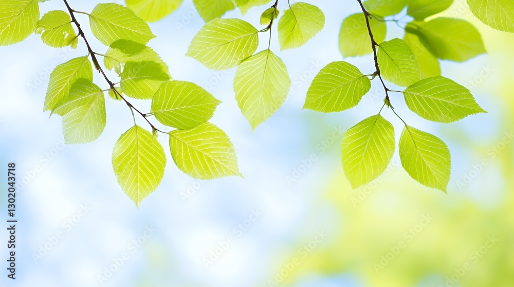 Closeup of Vibrant Green Leaves on a Branch Against a Soft Blue Sky Closeup of Vibrant Green Leaves on a Branch Against a Soft Blue Sky