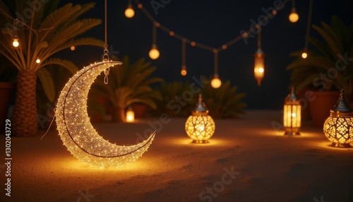 Crescent moon decoration at night scene eid mubarak
