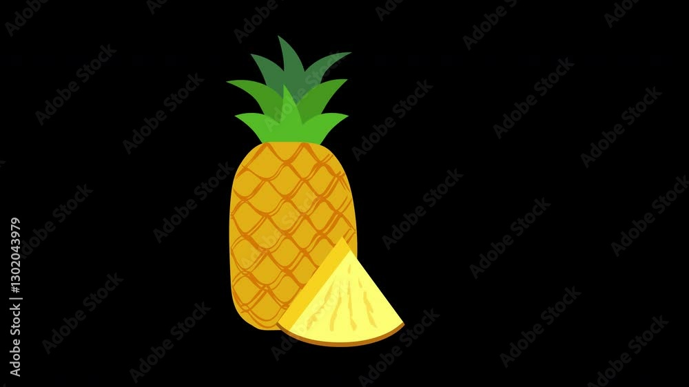Animation of a pineapple with a slice cut out, symbolizing freshness with a transparent background and alpha channel. Animation of a pineapple with a slice cut out, symbolizing freshness with a transparent background and alpha channel.