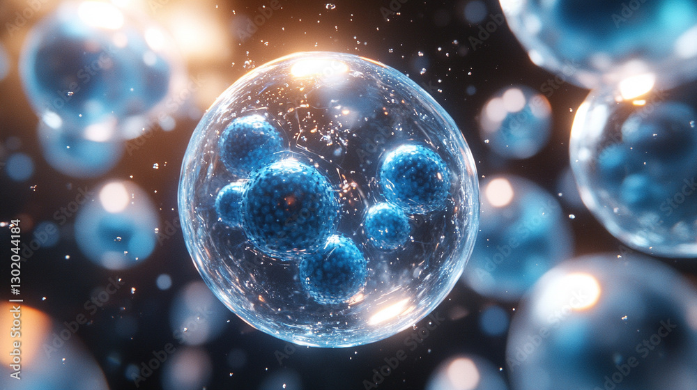 Close-up of blue exosome particles within transparent spheres, symbolizing cutting-edge biotechnology in cosmetology and trichology, with blurred light tones representing scientific chaos and innovati Close-up of blue exosome particles within transparent spheres, symbolizing cutting-edge biotechnology in cosmetology and trichology, with blurred light tones representing scientific chaos and innovati