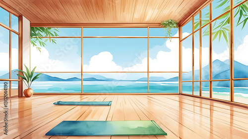 Yoga Studio with Ocean View Calm Interior and Mats Ready