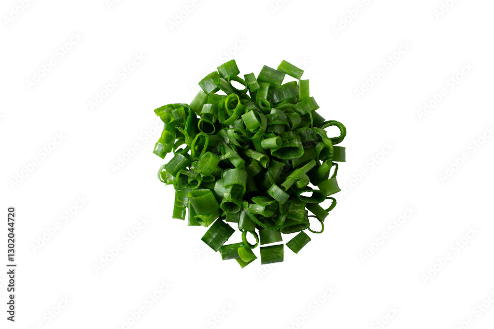 Fototapeta premium A top down view of a pile of chopped scallion, against a white background.
