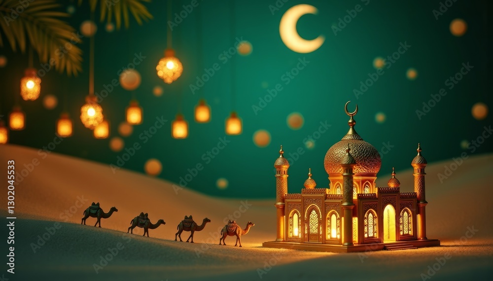 Fototapeta premium eid mubarak greeting with caravan and golden mosque background