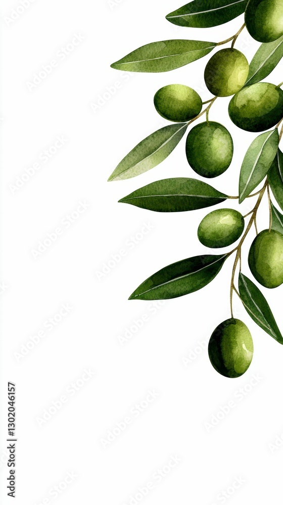 Watercolor Painting of Olive Branch with Green Olives Watercolor Painting of Olive Branch with Green Olives
