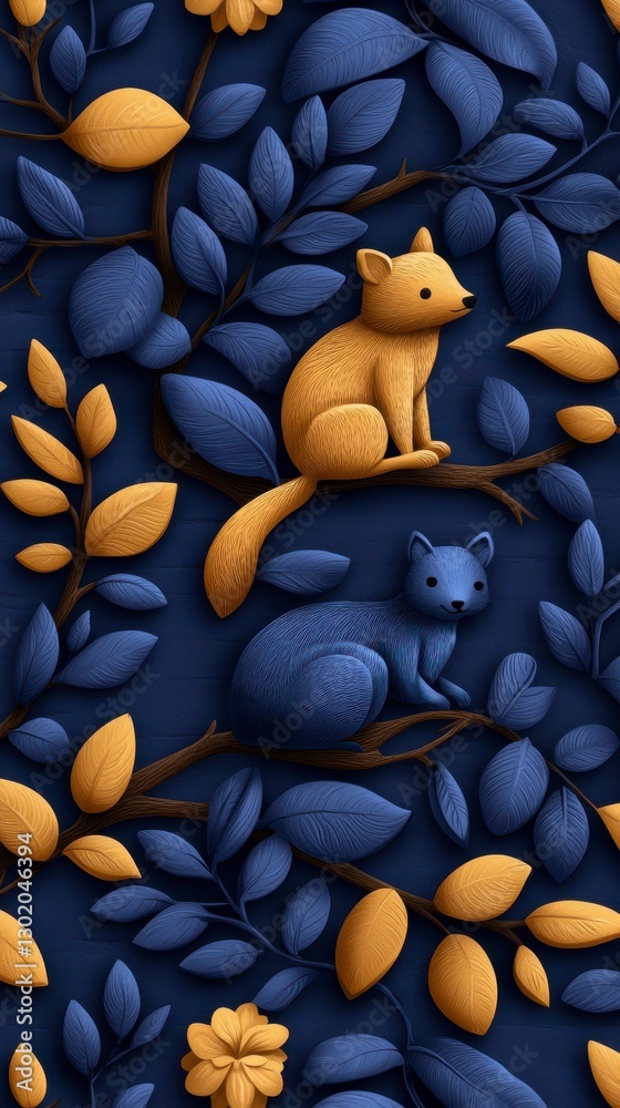 Fototapeta premium Charming Squirrel Duo Amidst Indigo Leaves and Gold Blooms in a Stylized Woodland Scene
