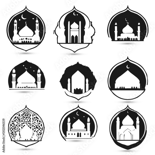 Design Set collection logo Islamic mosque muslim symbols of Ramadan Mubarak