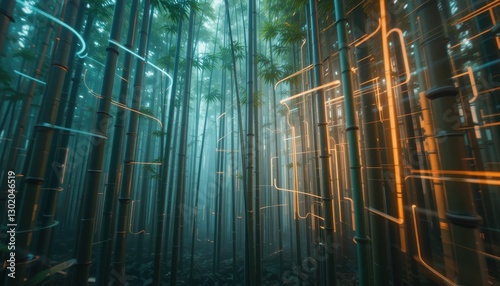Mystical Bamboo Forest with Glowing Digital Lines Futuristic Nature Scene Digital Art