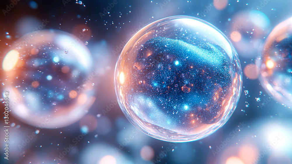 Close-up of blue exosome particles within transparent spheres, symbolizing cutting-edge biotechnology in cosmetology and trichology, with blurred light tones representing scientific chaos and innovati Close-up of blue exosome particles within transparent spheres, symbolizing cutting-edge biotechnology in cosmetology and trichology, with blurred light tones representing scientific chaos and innovati