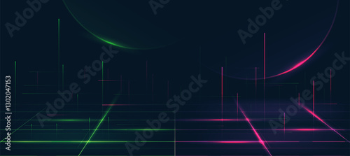 Futuristic digital neon motion lines technology background, glowing grid pink with green innovation, cyberpunk background for tech event poster or presentation business
