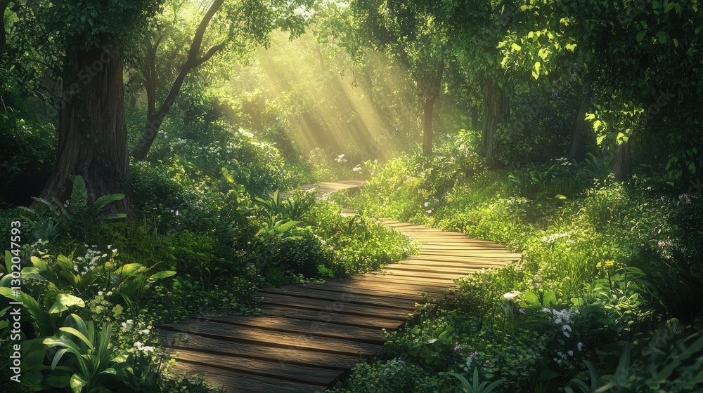 Obraz premium A serene wooden boardwalk meanders through a verdant forest, with sunlight dappling its polished planks amidst towering trees and rustling foliage