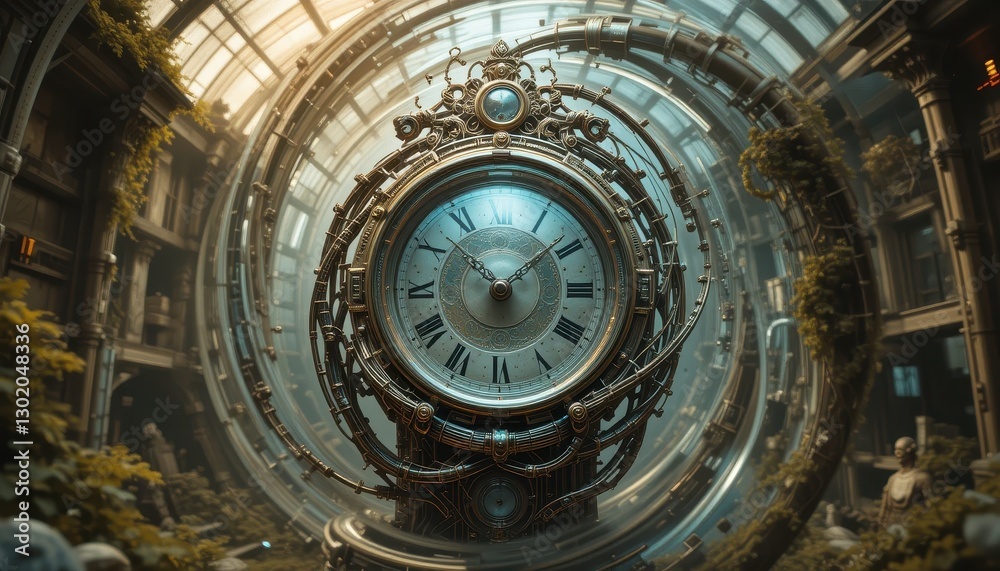 Intricate Steampunk Clock in a Lush Futuristic Cityscape A Detailed 3D Render of a Mechanical Timepiece Intricate Steampunk Clock in a Lush Futuristic Cityscape A Detailed 3D Render of a Mechanical Timepiece