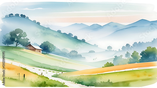 Watercolor Painting of Rolling Hills Landscape with Farmhouse and Pastel Sky