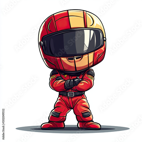 Chibi style racer character with vibrant red helmet and suit, exuding confidence