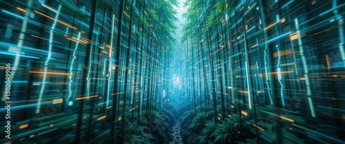 Futuristic Digital Data Stream flowing through a lush green Bamboo Forest Pathway