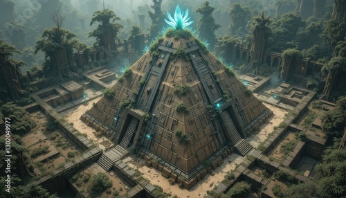 Ancient Pyramid Temple Overgrown Jungle Ruins Mysterious Fantasy Architecture Aerial View