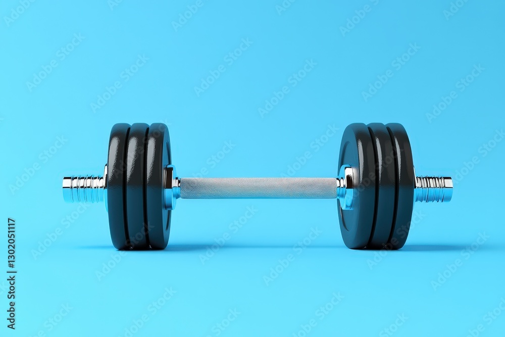 A single dumbbell rests on a smooth bright blue background A single dumbbell rests on a smooth bright blue background