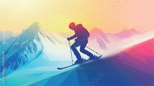 A stylized illustration depicting a silhouette of a skier descending a mountain slope. The style is vector-based, with a gradient color palette dominating the background, featuring warm sunset hues
