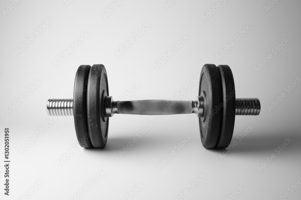 A single dumbbell resting on a smooth white surface A single dumbbell resting on a smooth white surface