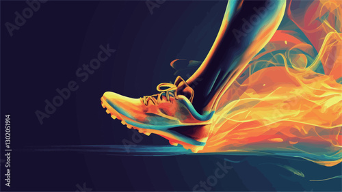 Close-up illustration of a runner's legs and feet, depicted in a stylized manner with vibrant, abstract flames surrounding the lower legs and feet.  The image is primarily composed of shades of