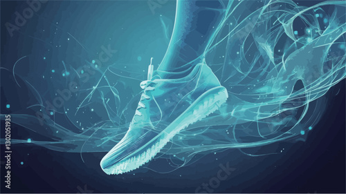 Close-up view of a running shoe in motion, rendered in a stylized, abstract manner. The shoe and lower leg are depicted with a translucent, ethereal quality, with trails of glowing blue light