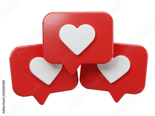 Set of heart in speech bubble icon isolated on a white background. Love like heart social media notification icon. Emoji, chat and Social Network. 3d rendering, 3d illustration