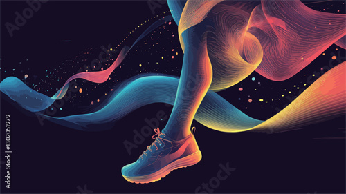 A digital illustration depicting a lower portion of a runner's body in motion. The image is stylized with abstract, flowing, neon-colored lines and shapes suggesting movement and speed. The