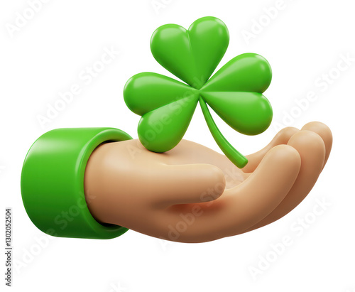 3d icon hand holding clover leaf. Business arm with green shamrock, luck and success symbol. cartoon realistic render illustration isolated.