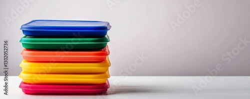 Colorful Stacked Plastic Food Containers on Table
