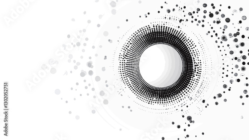 The image presents an abstract grayscale composition featuring a central circular form surrounded by concentric rings and dispersed dots. The overall effect is a dynamic, swirling pattern against a