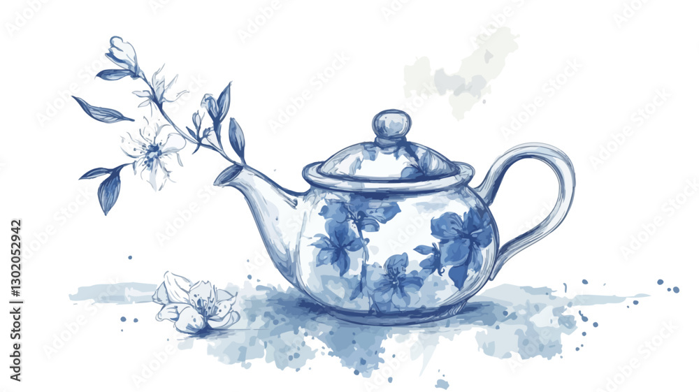 Watercolor illustration of a blue and white teapot with a flowering branch emerging from the spout. The teapot is depicted in a style reminiscent of porcelain, with a floral pattern visible on its