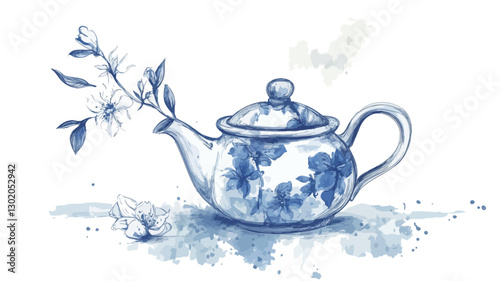 Watercolor illustration of a blue and white teapot with a flowering branch emerging from the spout. The teapot is depicted in a style reminiscent of porcelain, with a floral pattern visible on its