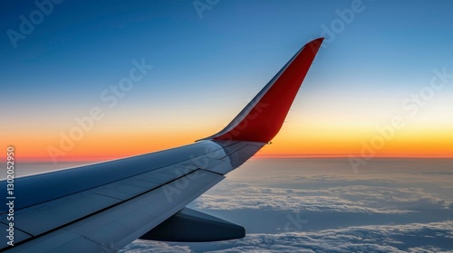 Airplane Wing Soaring Above Clouds at Dusk Revealing Aviation Travel and Transportation Journey