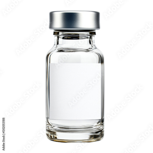 Small glass vial containing a mysterious white substance sealed with a cork lid on a dark surface with soft lighting isolated on transparent background..