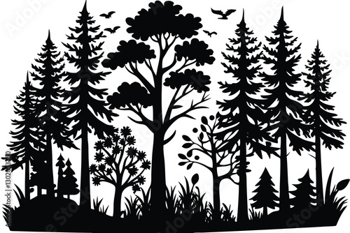 Forest landscape with black and white silhouettes of trees
