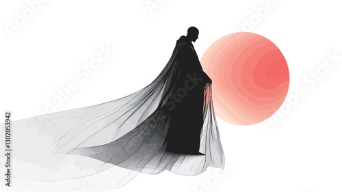 The image is a minimalist illustration featuring a black silhouette of a person wearing a long, flowing cape. The cape is translucent, allowing for the suggestion of texture and movement.  A large,