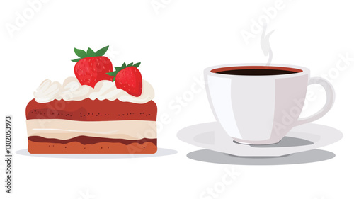 Digital illustration depicting a slice of strawberry cake with whipped cream and two strawberries on top, positioned to the left.  To the right is a white coffee cup with steam rising from it,