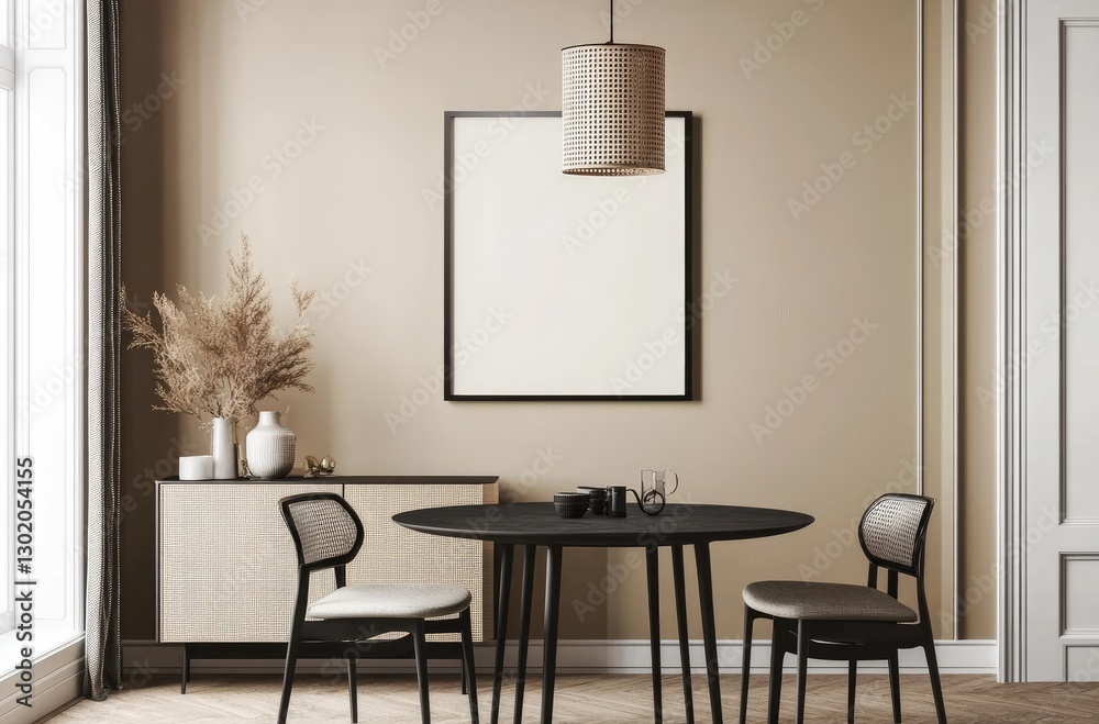 A Scandinavian-style dining room with an accent, round black table and chairs in the center of which is a mock-up poster frame hanging on a beige wall. A Scandinavian-style dining room with an accent, round black table and chairs in the center of which is a mock-up poster frame hanging on a beige wall.