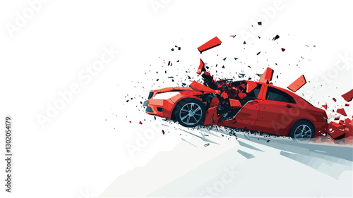 The image is a 3D rendering depicting a red car in the process of a violent collision or explosion. The car is rendered in detail, showing its body disintegrating into numerous red fragments