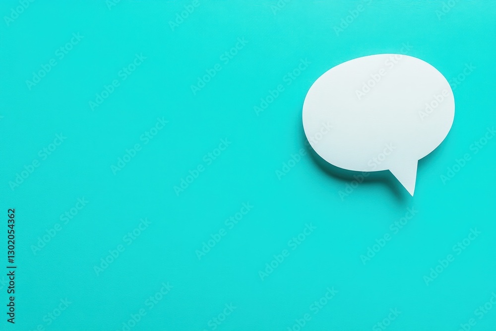 A white speech bubble rests on a blue background surface A white speech bubble rests on a blue background surface