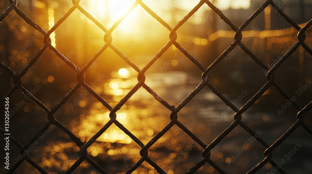Fototapeta premium Sunset Glow through a Chain Link Fence